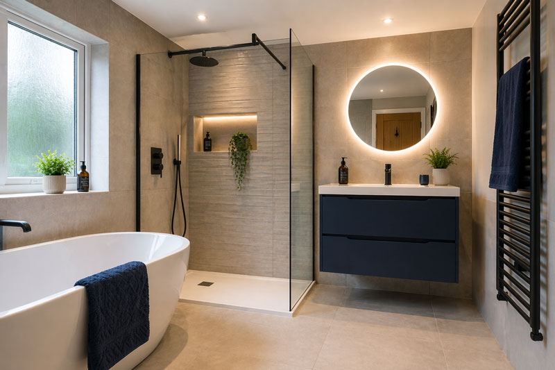 Modern bathroom installation in York with walk-in shower and freestanding bath by AB Plumbing & Heating Modern bathroom installation in York with walk-in shower and freestanding bath by AB Plumbing & Heating