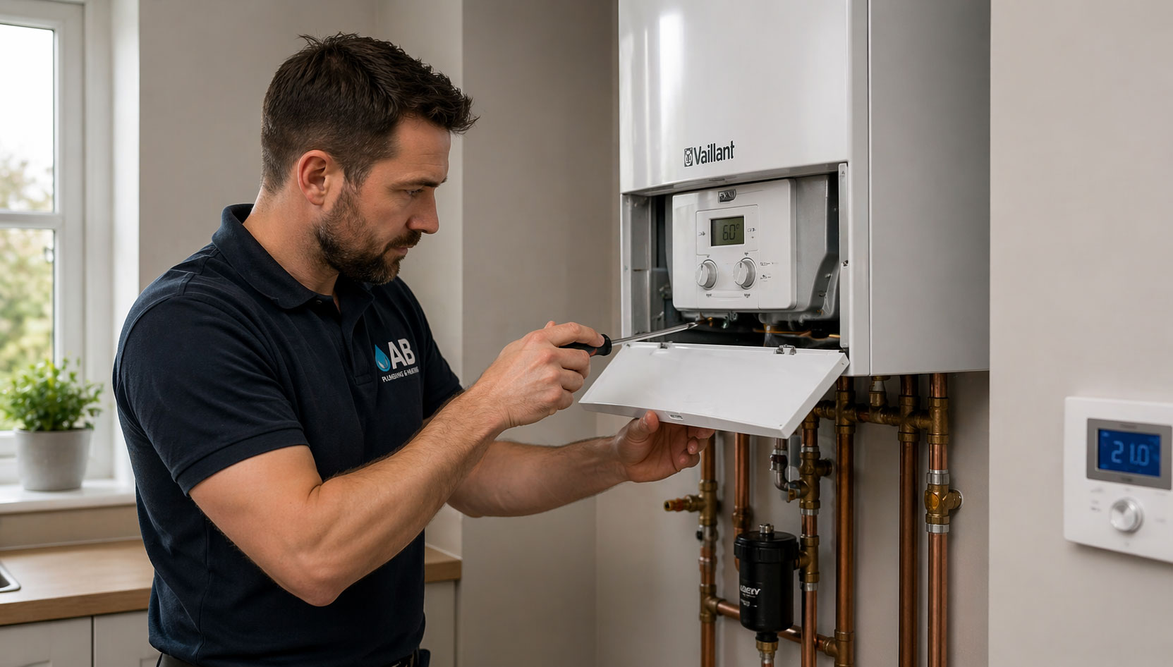 Gas Safe engineer carrying out a boiler installation in York Gas Safe engineer carrying out a boiler installation in York