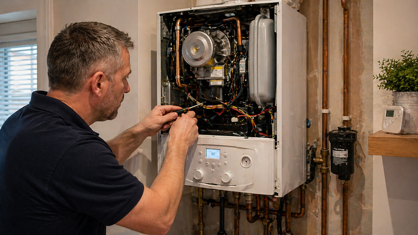 Heating engineer repairing gas boiler in York home Heating engineer repairing gas boiler in York home