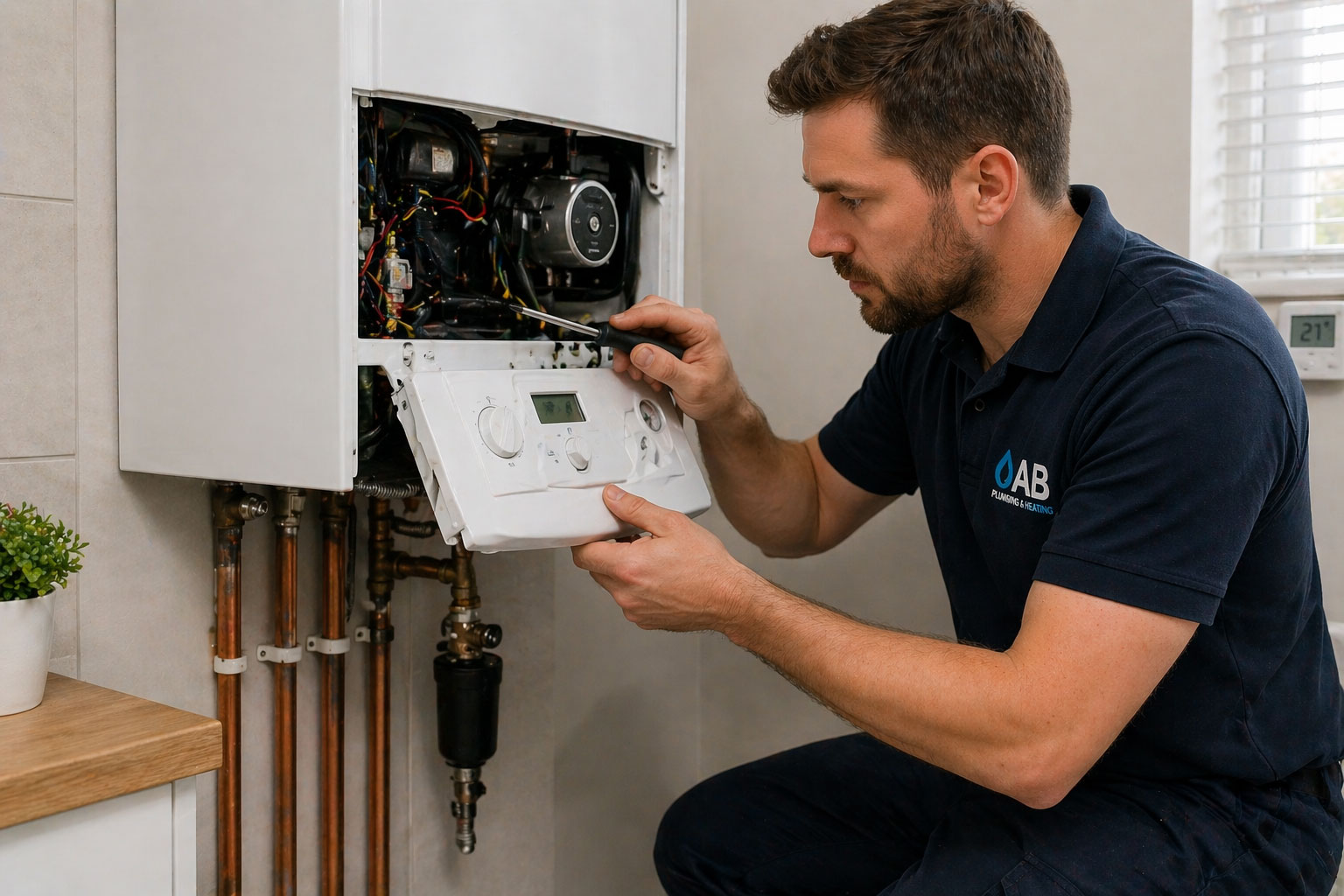 Heating engineer servicing a domestic boiler in York Heating engineer servicing a domestic boiler in York