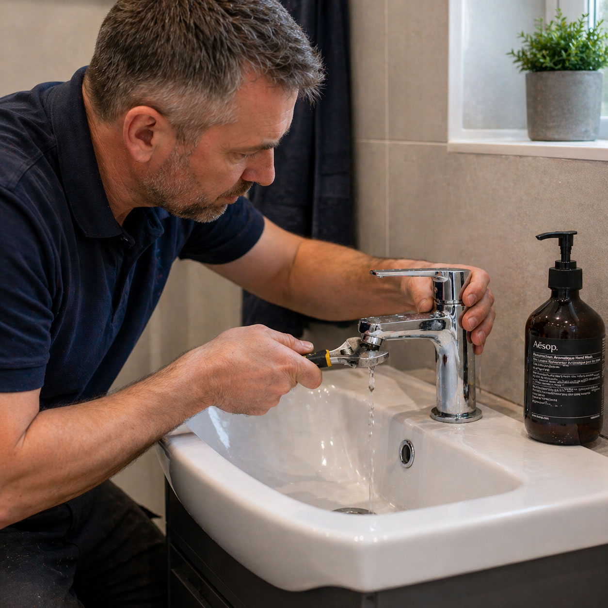 Plumber fixing leaking tap in bathroom sink in York Plumber fixing leaking tap in bathroom sink in York