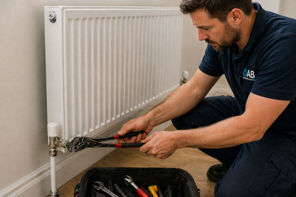 Plumber repairing a radiator valve in a home in York Plumber repairing a radiator valve in a home in York