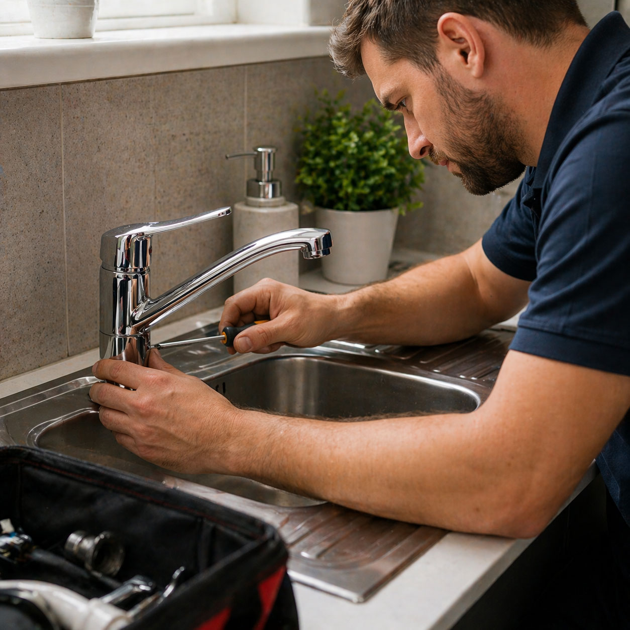 Plumber repairing a kitchen tap using a screwdriver in York Plumber repairing a kitchen tap using a screwdriver in York
