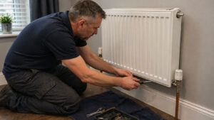 Heating engineer repairing radiator valve in York home Heating engineer repairing radiator valve in York home